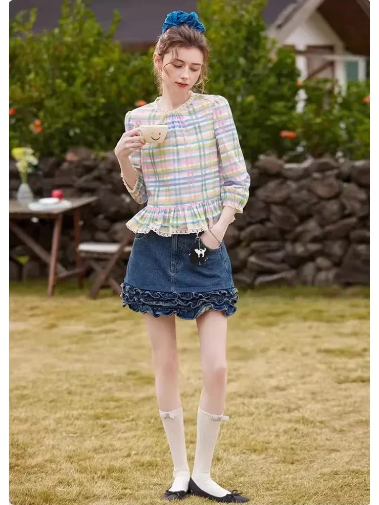 CHICMORE Atasan kemeja kotak-kotak longgar bergaya retro cantik untuk wanita