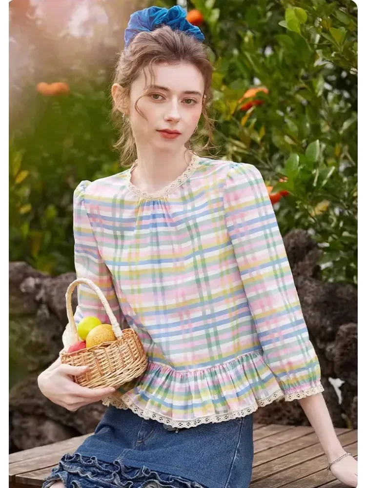 CHICMORE Atasan kemeja kotak-kotak longgar bergaya retro cantik untuk wanita