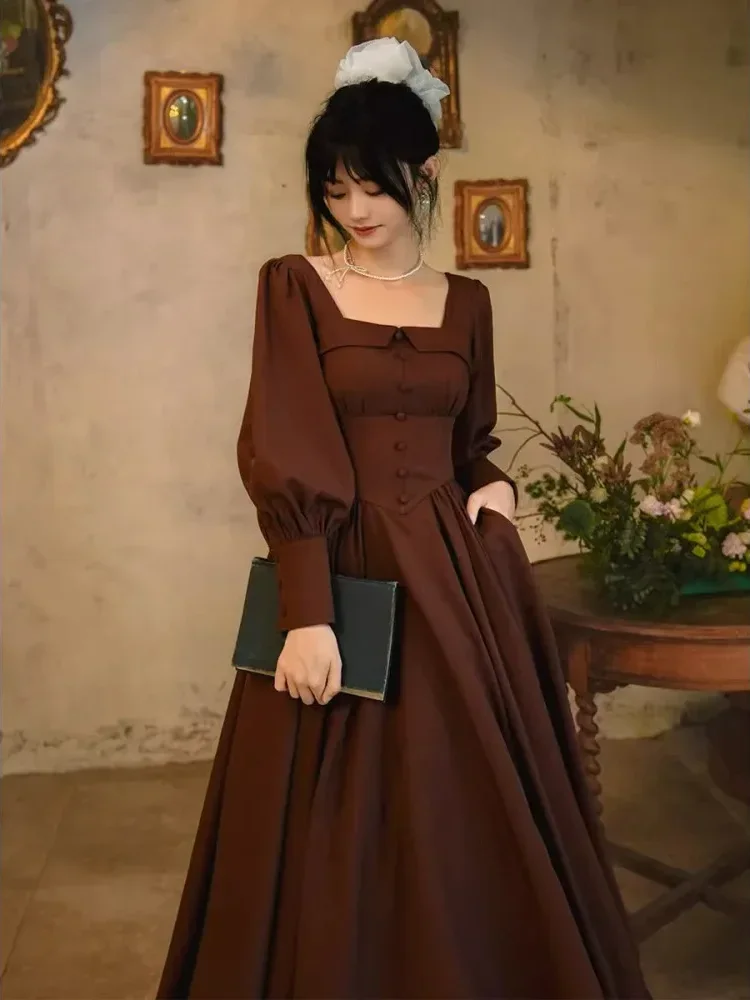 [DISKON KILAT]CHICMORE Gaun rok panjang retro vintage dengan lengan panjang untuk wanita