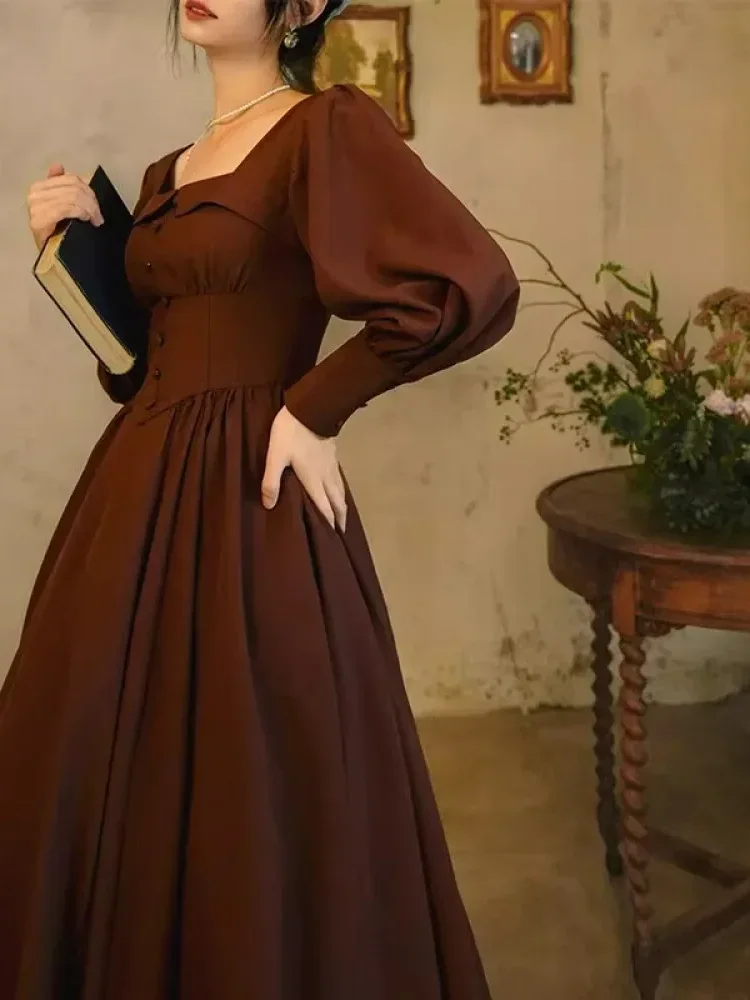 [DISKON KILAT]CHICMORE Gaun rok panjang retro vintage dengan lengan panjang untuk wanita