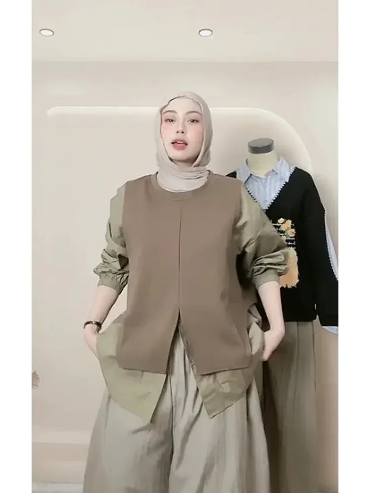 [READY STOCK]CHICMORE Blouse wanita model longgar lengan panjang model dua potong palsu gaya casual