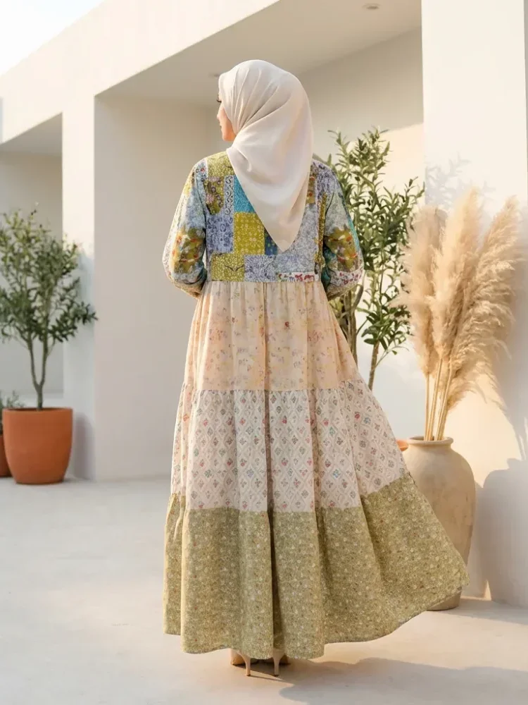 CHICMORE Gaun motif patchwork berlengan panjang gaya trendi untuk wanita tempramen
