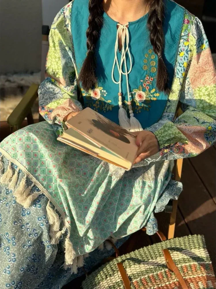 CHICMORE Gaun motif patchwork berlengan panjang gaya trendi untuk wanita tempramen
