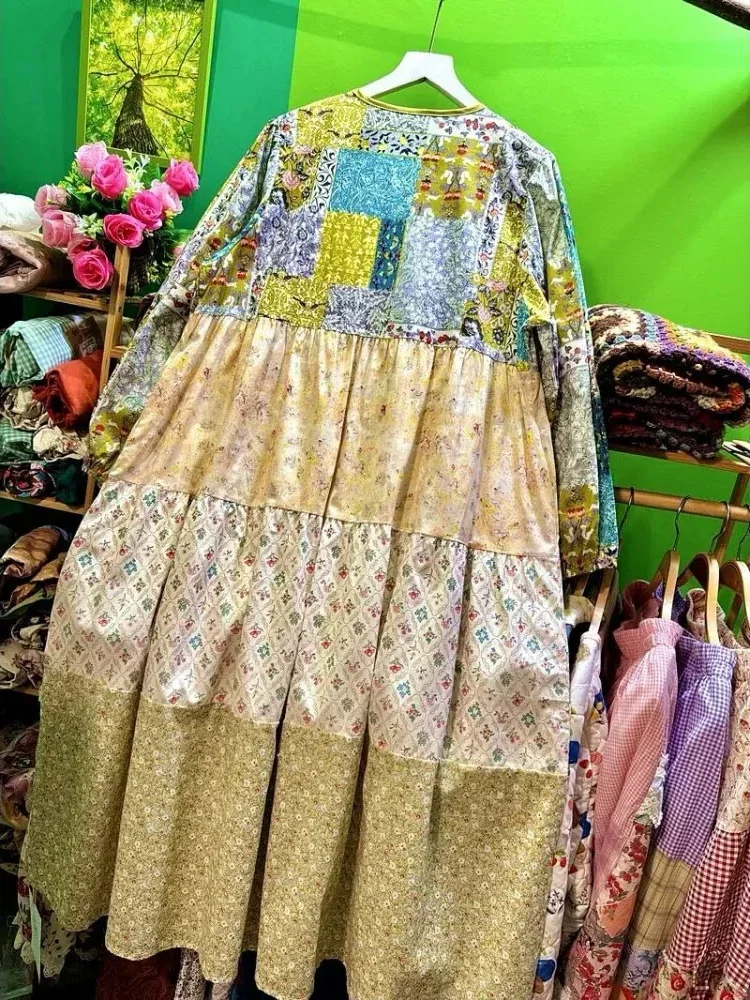 CHICMORE Gaun motif patchwork berlengan panjang gaya trendi untuk wanita tempramen