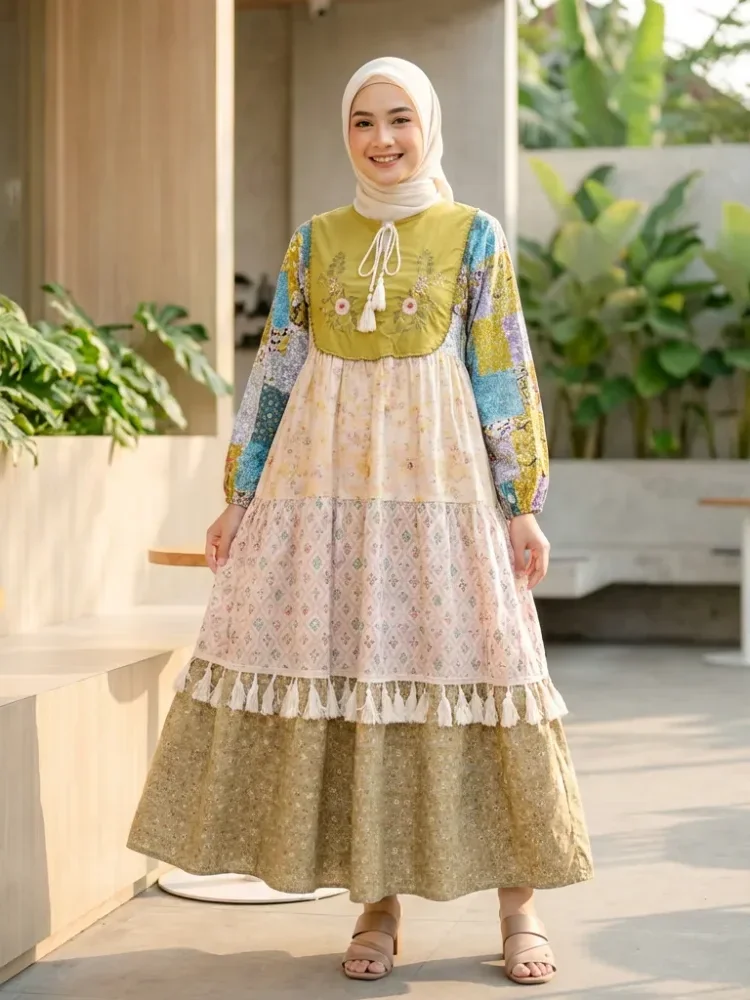 CHICMORE Gaun motif patchwork berlengan panjang gaya trendi untuk wanita tempramen