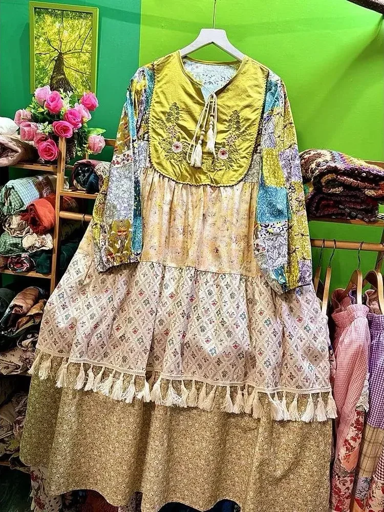 CHICMORE Gaun motif patchwork berlengan panjang gaya trendi untuk wanita tempramen