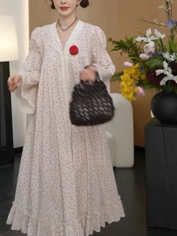 CHICMORE Gaun pakaian wanita motif cetak lengan panjang kerah v neck gaya baru