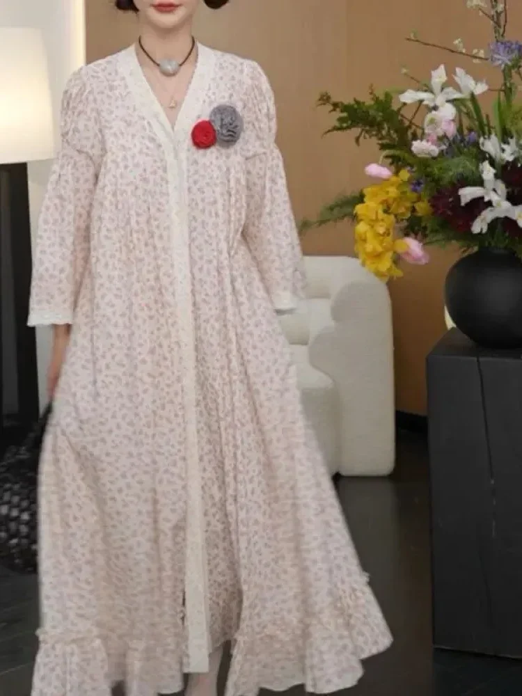 CHICMORE Gaun pakaian wanita motif cetak lengan panjang kerah v neck gaya baru