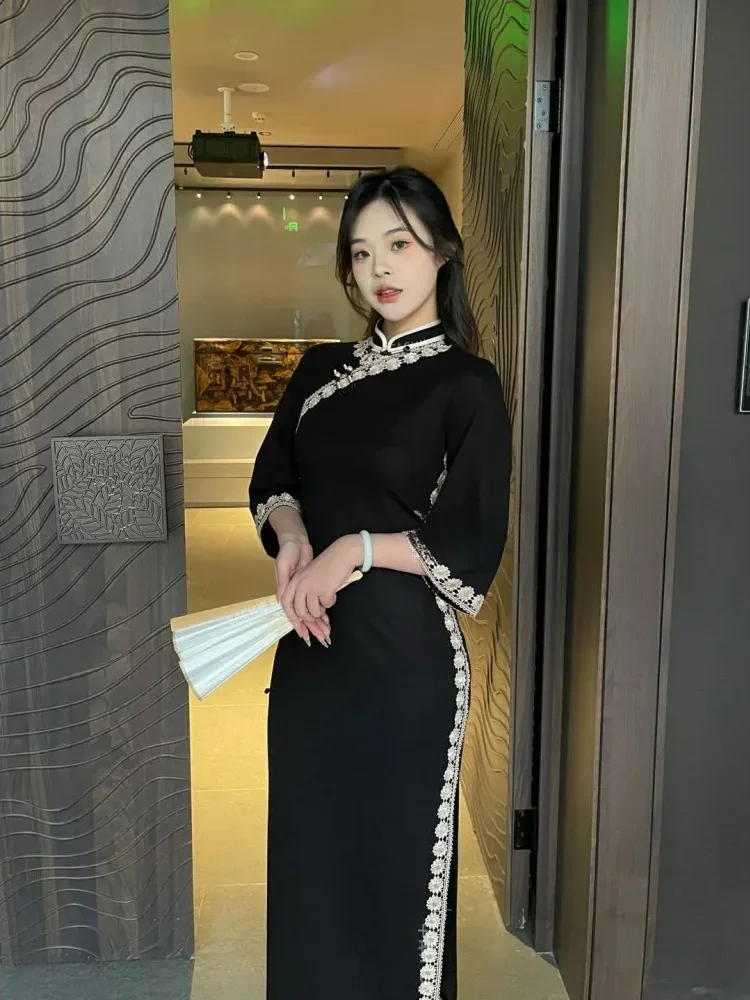CHICMORE Gaun gaya cheongsam wanita feminime dengan lengan tiga perempat warna hitam