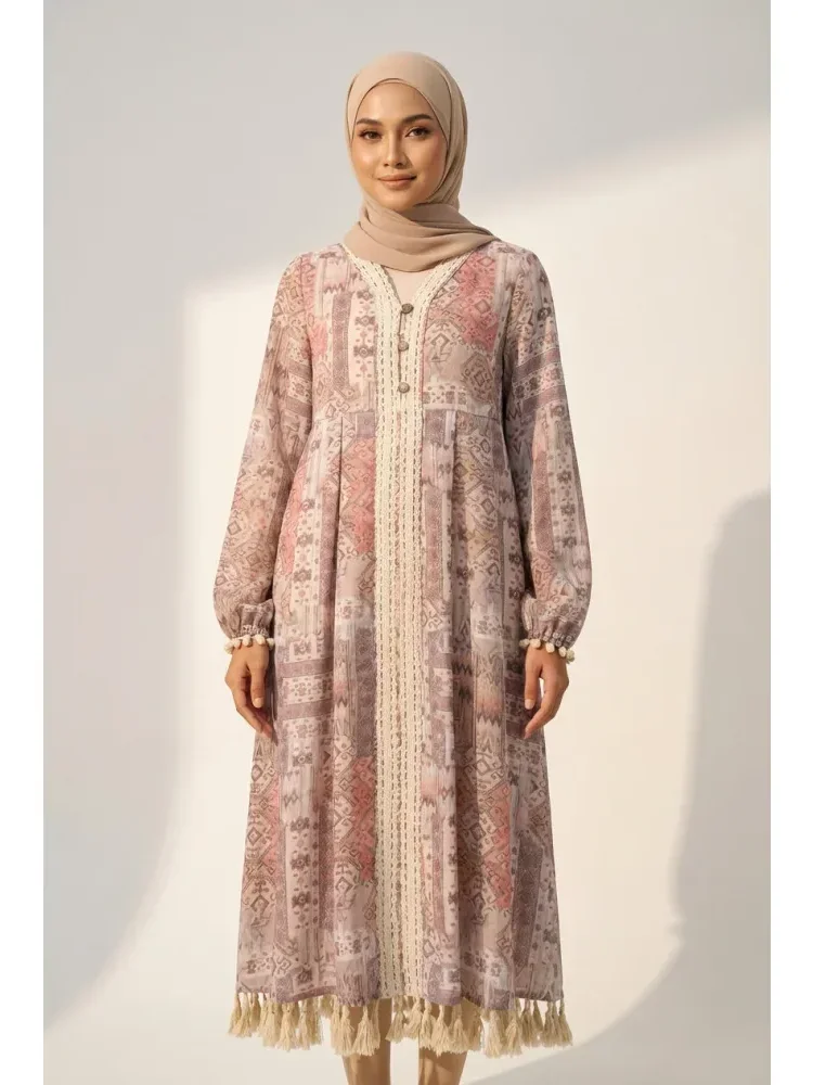 CHICMORE Gaun midi lengan panjang dengan kerah v neeck motif cantik gaya bohemian