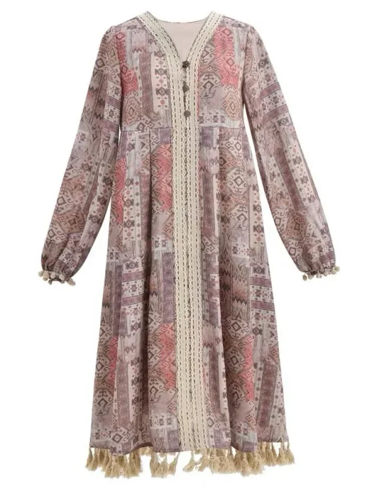 CHICMORE Gaun midi lengan panjang dengan kerah v neeck motif cantik gaya bohemian