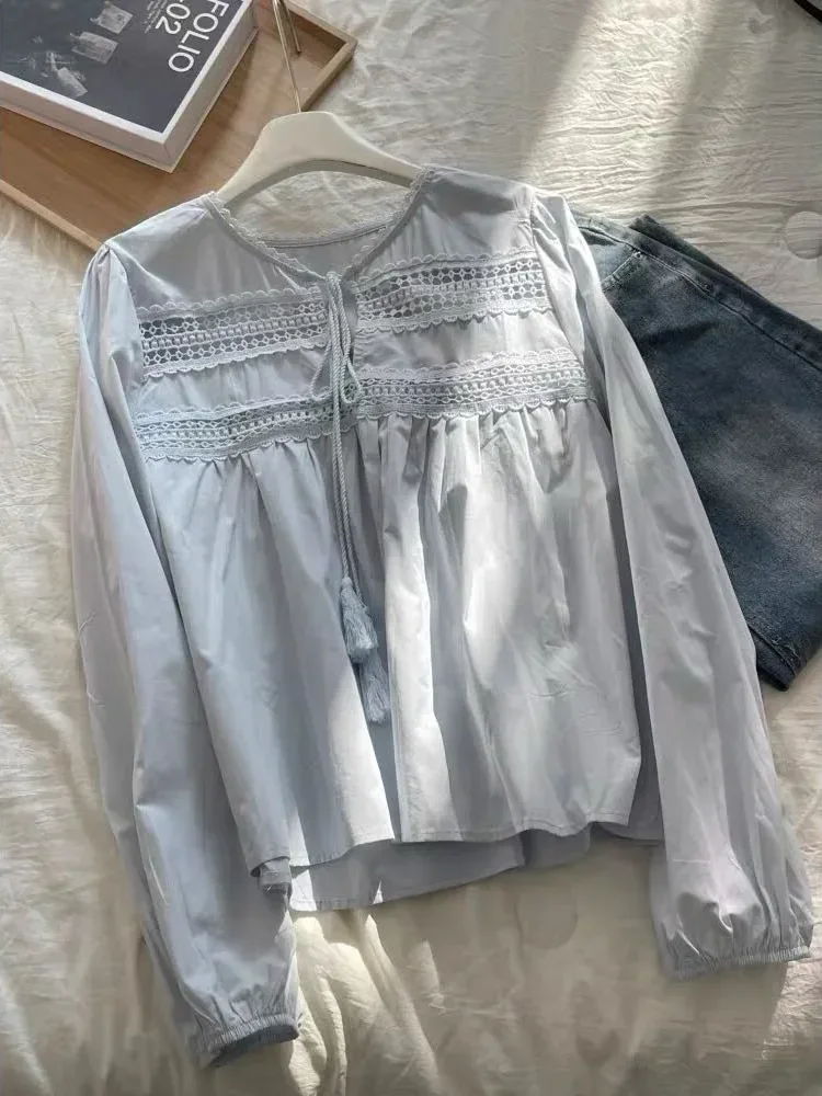 CHICMORE Blouse wanita elegant gaya simpel dengan kerah notched berlengan panjang modis