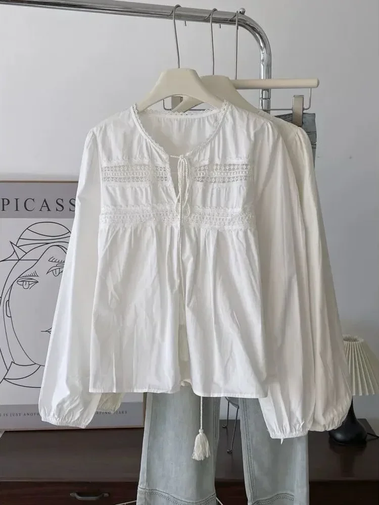 CHICMORE Blouse wanita elegant gaya simpel dengan kerah notched berlengan panjang modis