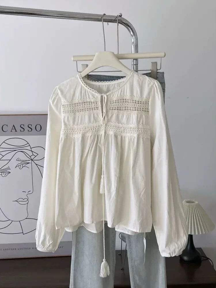 CHICMORE Blouse wanita elegant gaya simpel dengan kerah notched berlengan panjang modis