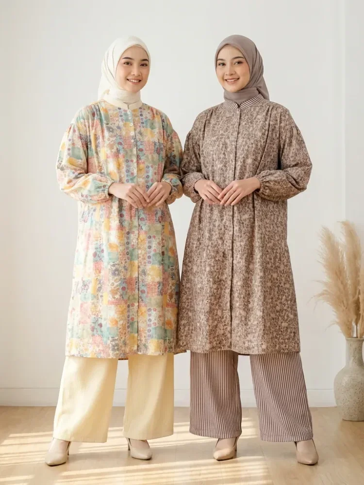 [NEW]CHICMORE Setelan dua potong wanita panjang dengan atasan kotak-kotak lengan balon dan celana panjang