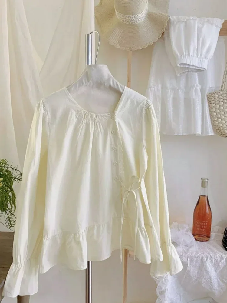 CHICMORE Kemeja wanita gaya kasual lengan panjang kancing irregular