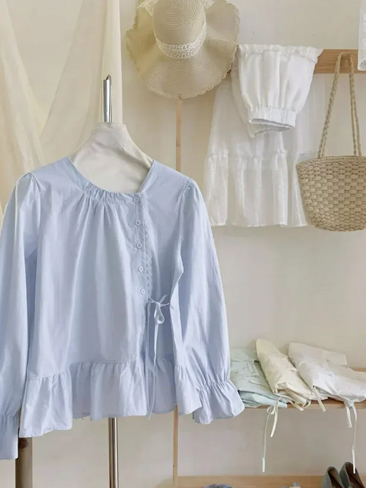 CHICMORE Kemeja wanita gaya kasual lengan panjang kancing irregular