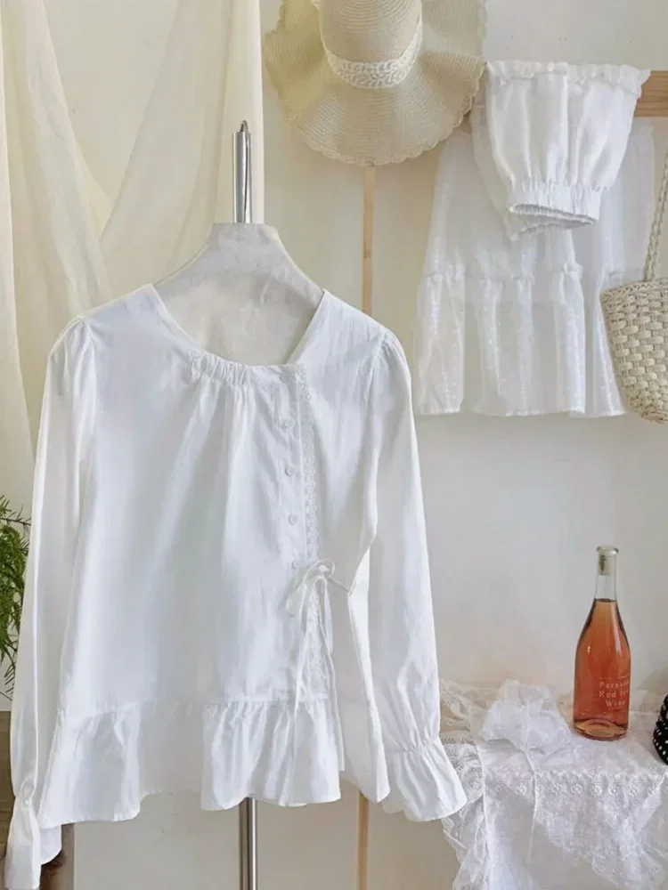 CHICMORE Kemeja wanita gaya kasual lengan panjang kancing irregular