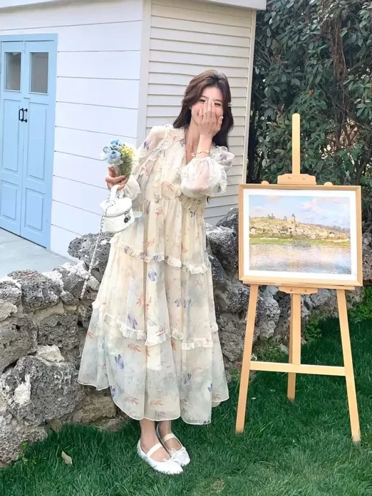 CHICMORE Gaun lengan panjang rok panjang modis bermotif cantik elegan