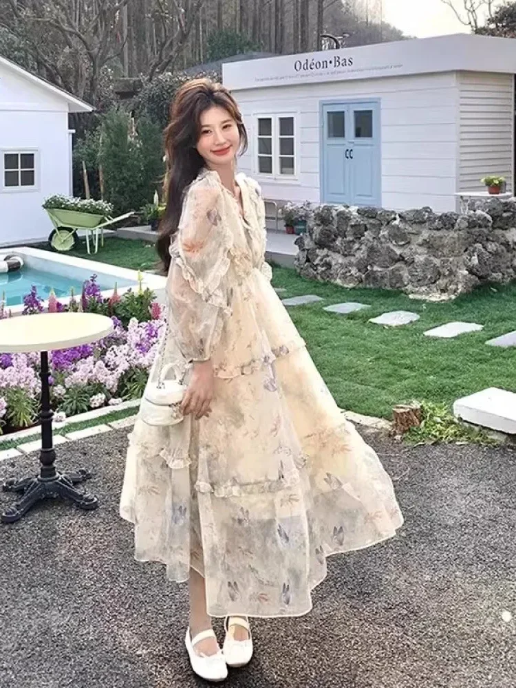 CHICMORE Gaun lengan panjang rok panjang modis bermotif cantik elegan