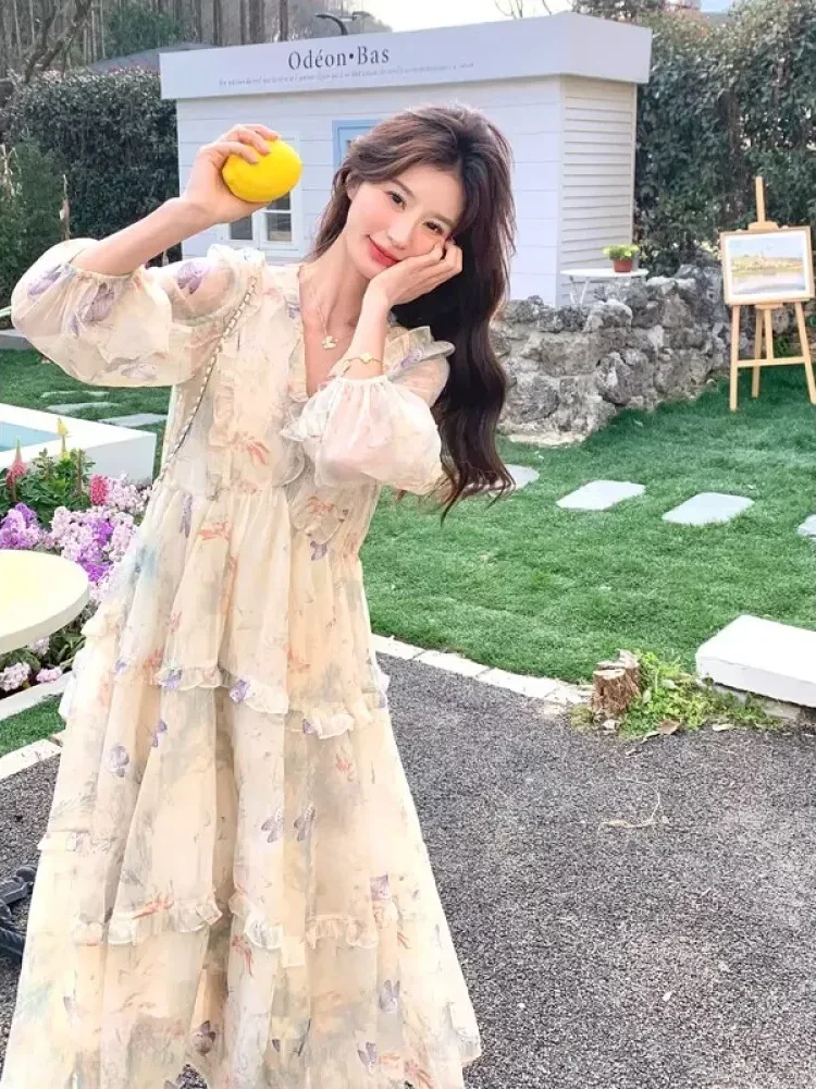 CHICMORE Gaun lengan panjang rok panjang modis bermotif cantik elegan