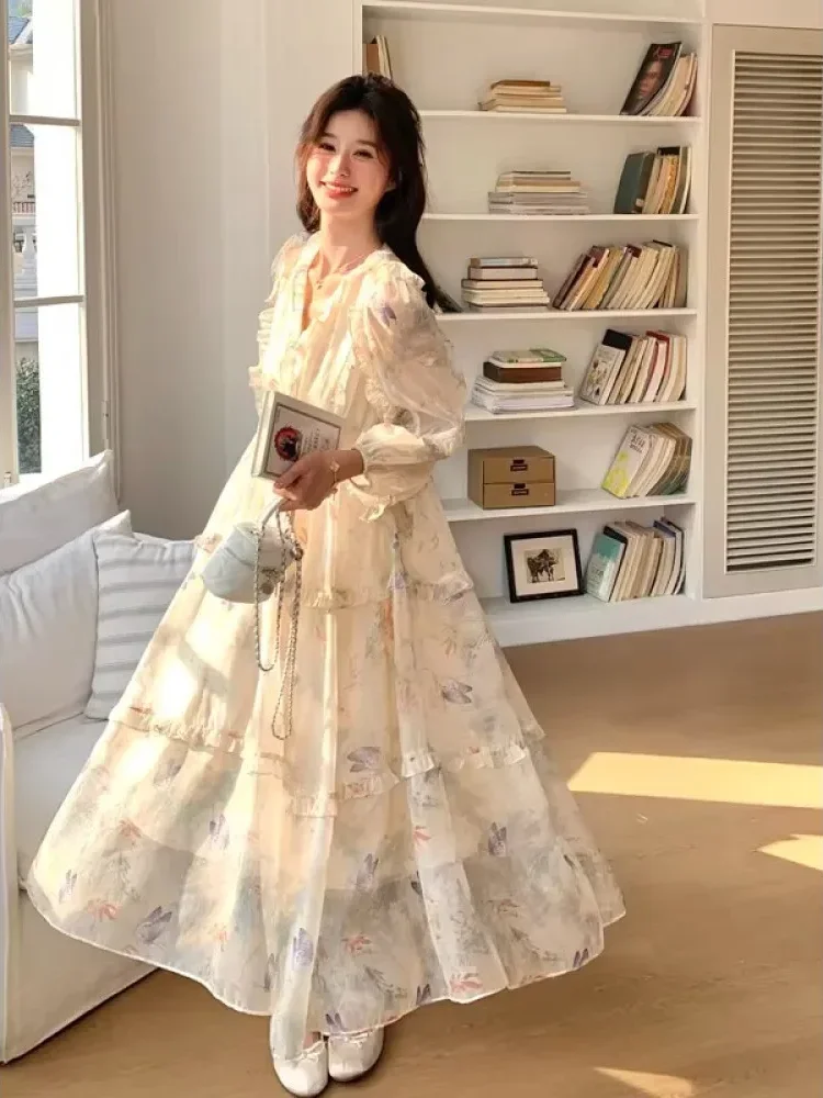 CHICMORE Gaun lengan panjang rok panjang modis bermotif cantik elegan