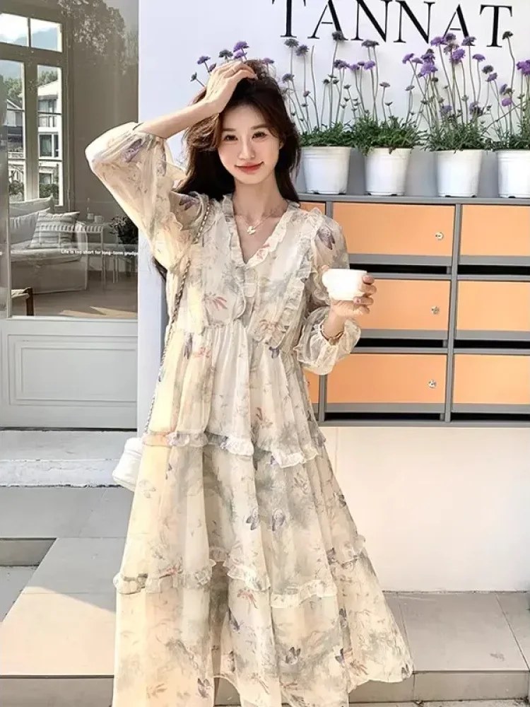 CHICMORE Gaun lengan panjang rok panjang modis bermotif cantik elegan
