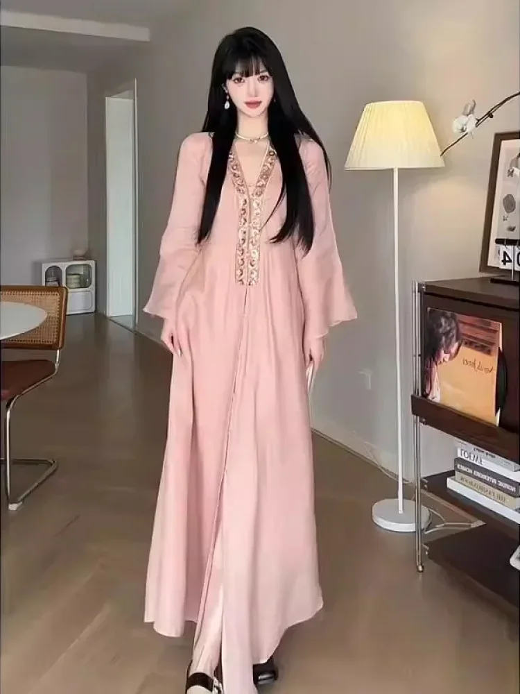 [NEW]CHICMORE Gaun lengan panjang motif polos dengan rok model a-line