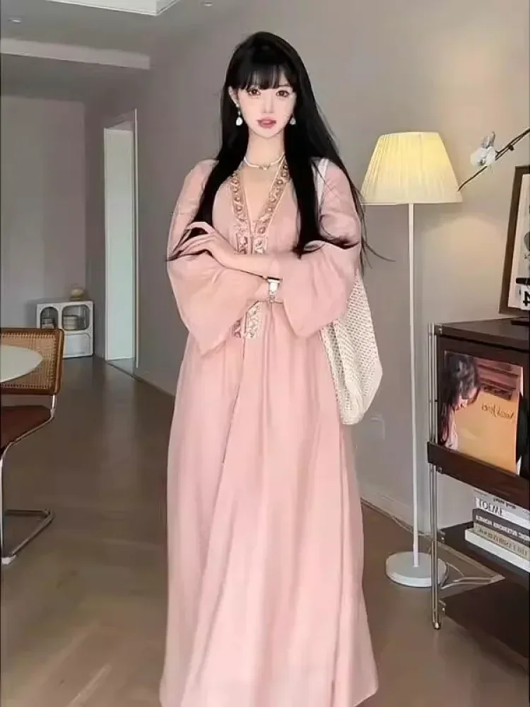 [NEW]CHICMORE Gaun lengan panjang motif polos dengan rok model a-line