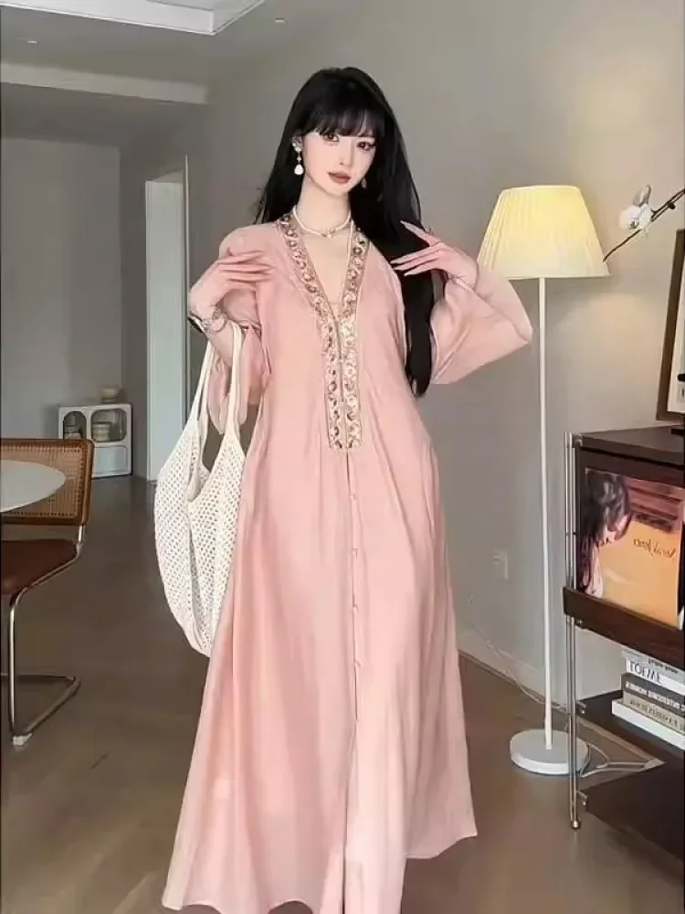 [NEW]CHICMORE Gaun lengan panjang motif polos dengan rok model a-line