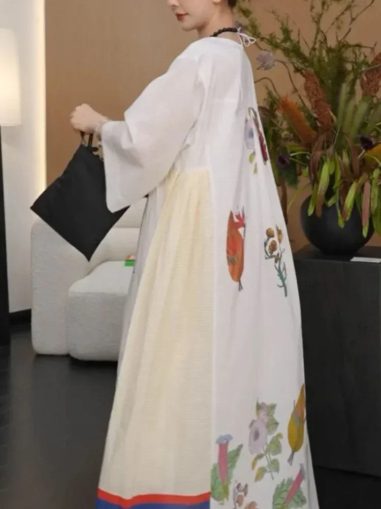 [NEW]CHICMORE Gaun maxi lengan panjang kerah persegi motif bunga model longgar trendi