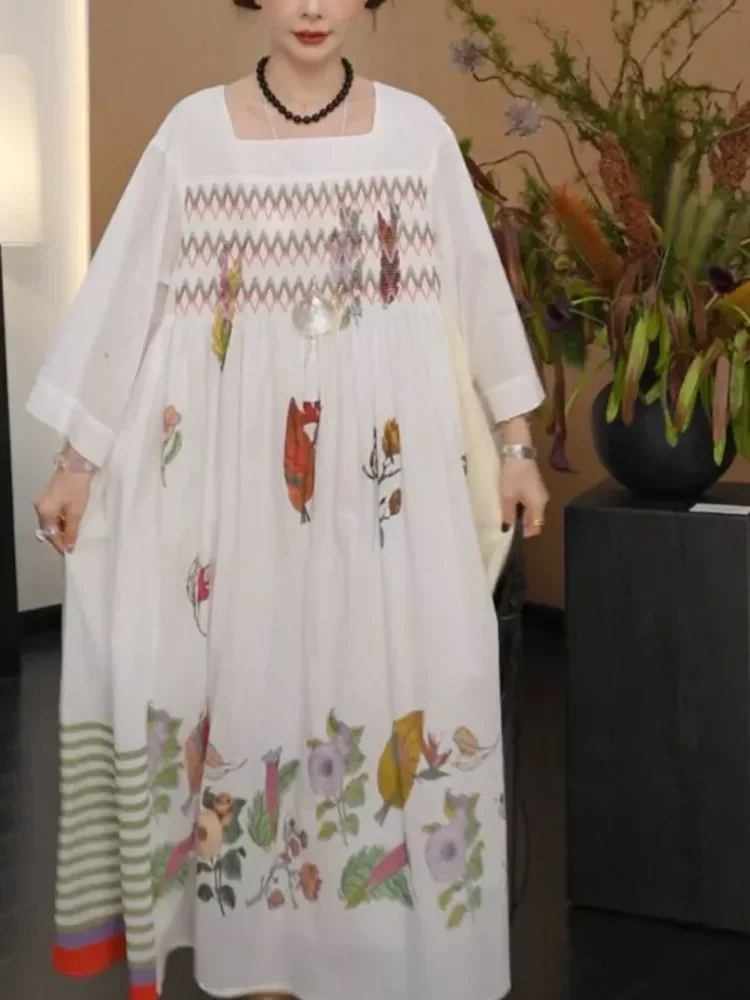 [NEW]CHICMORE Gaun maxi lengan panjang kerah persegi motif bunga model longgar trendi