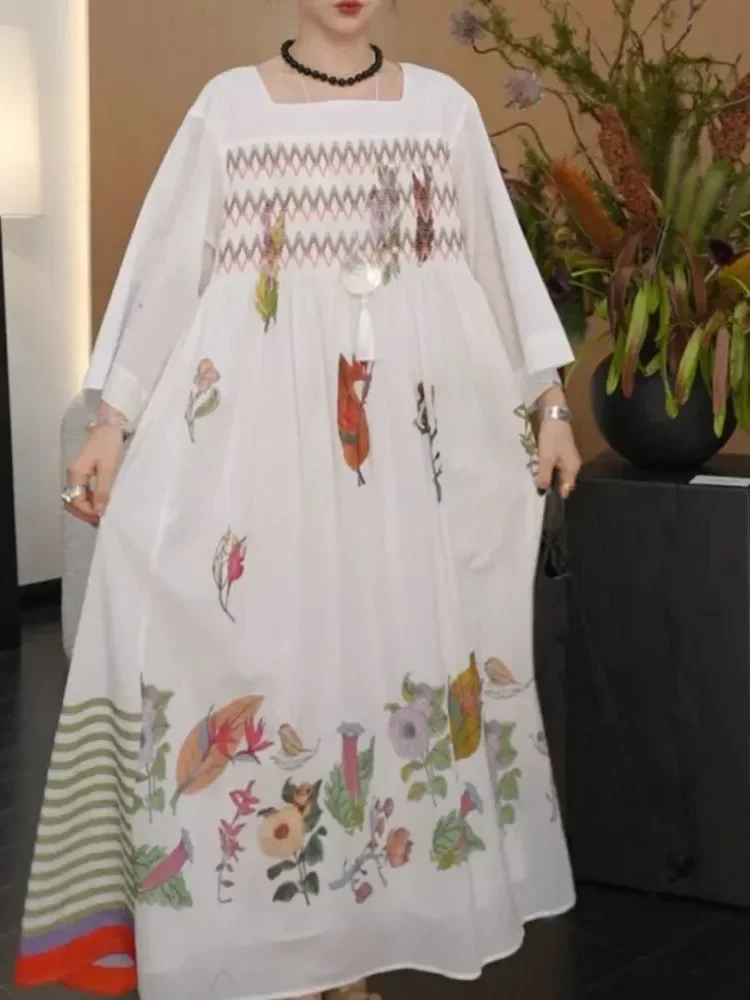 [NEW]CHICMORE Gaun maxi lengan panjang kerah persegi motif bunga model longgar trendi