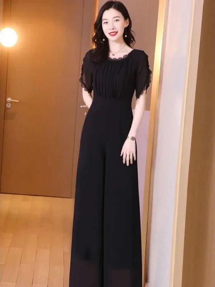 [DISKON KILAT]FADFAD Jumpsuit panjang warna solid lengan pendek dengan kerah bulat gaya casual