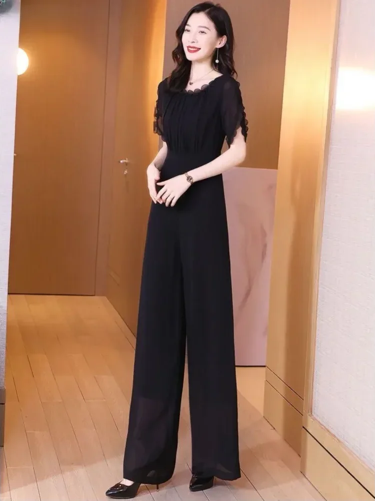 [DISKON KILAT]FADFAD Jumpsuit panjang warna solid lengan pendek dengan kerah bulat gaya casual