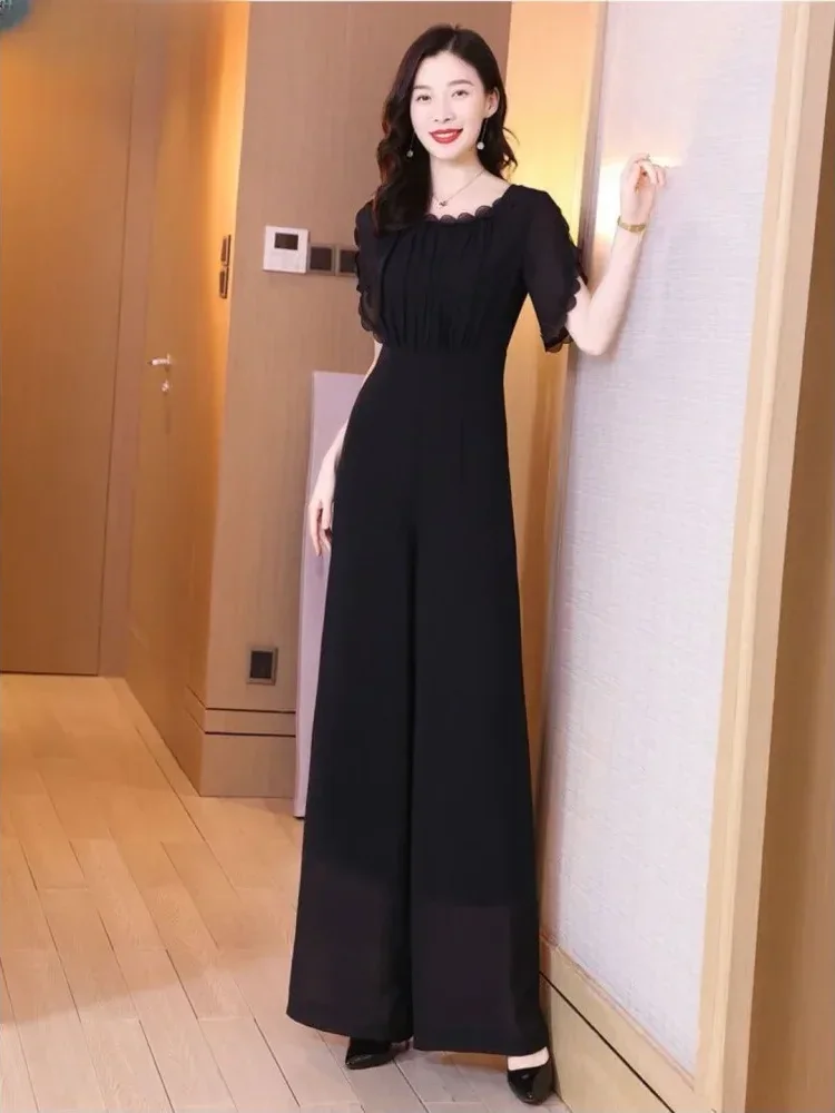 [DISKON KILAT]FADFAD Jumpsuit panjang warna solid lengan pendek dengan kerah bulat gaya casual