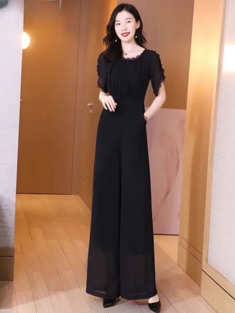 [DISKON KILAT]FADFAD Jumpsuit panjang warna solid lengan pendek dengan kerah bulat gaya casual