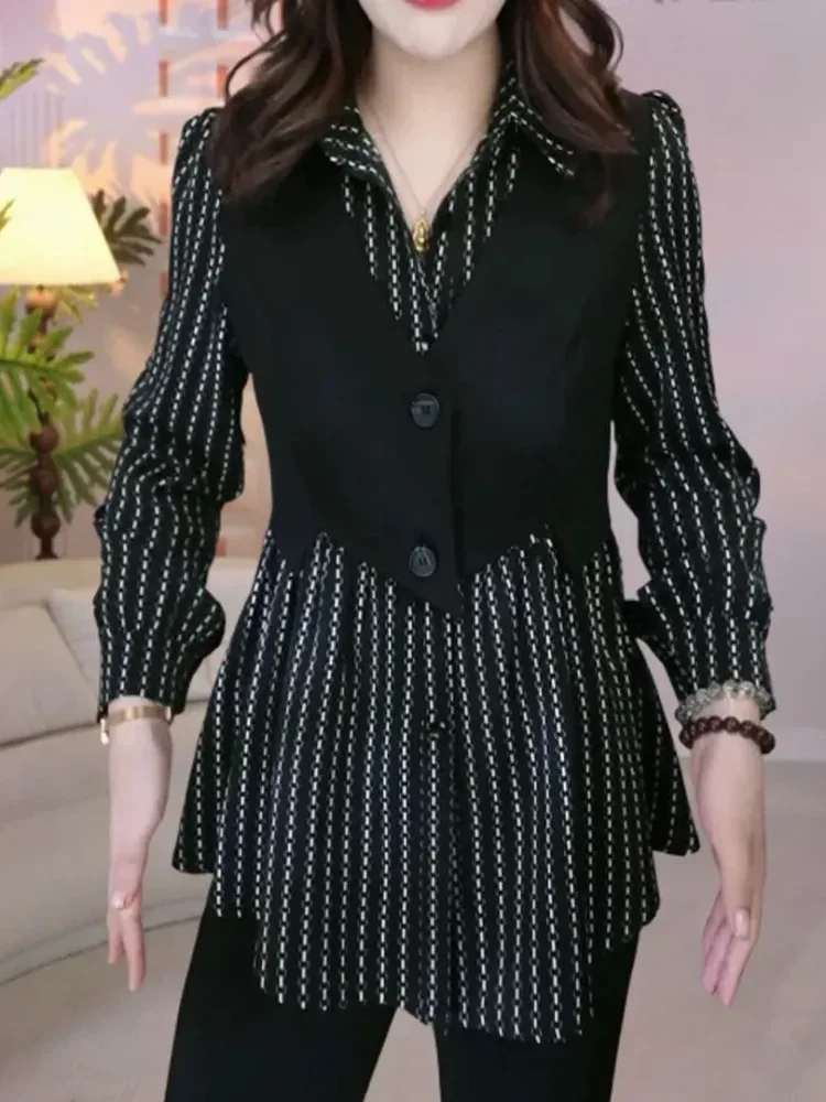 [NEW]FADFAD Kemeja lengan panjang hitam tambal sulam yang bergaya dan serbaguna