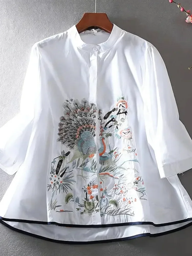 FADFAD Kemeja wanita kelas atas longgar model a-line bergaya etnik retro dengan kerah tegak