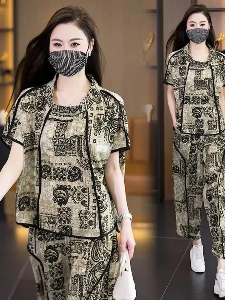 [DISKON KILAT]FADFAD Setelan dua potong dengan atasa lengan pendek dan celana panjang bermotif cetak untuk wanita