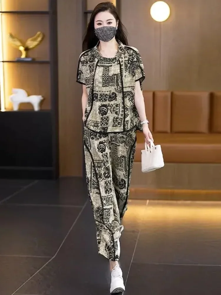 [DISKON KILAT]FADFAD Setelan dua potong dengan atasa lengan pendek dan celana panjang bermotif cetak untuk wanita