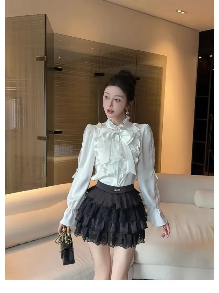 FADFAD Atasan kemeja gaya retro lengan panjang kelas atasn untuk wanita