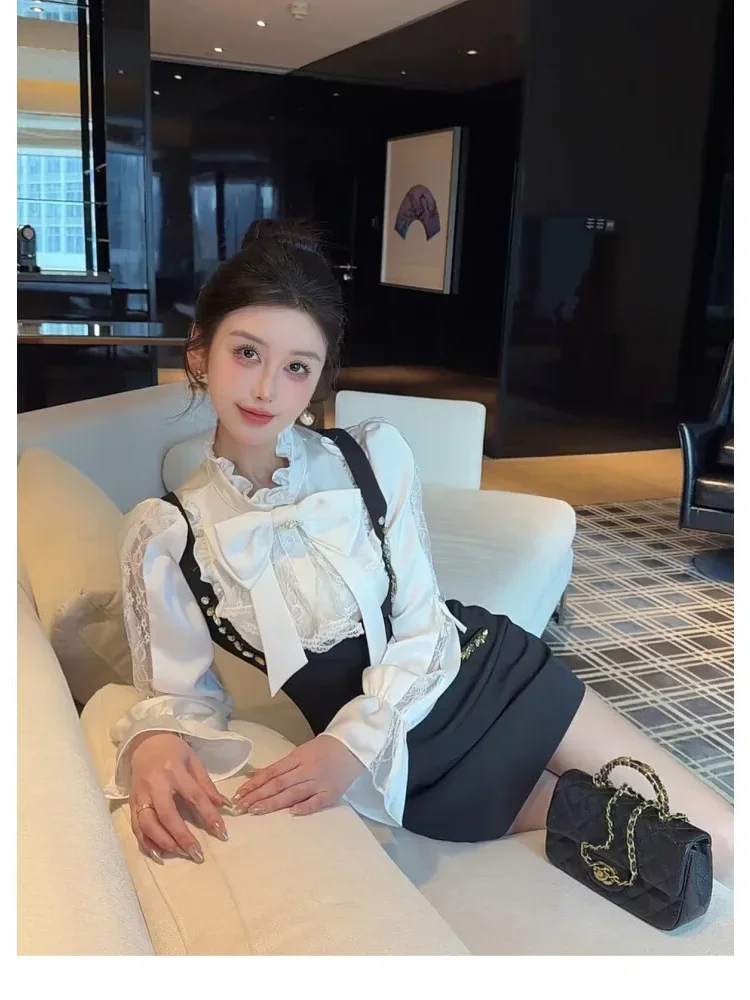 FADFAD Atasan kemeja gaya retro lengan panjang kelas atasn untuk wanita