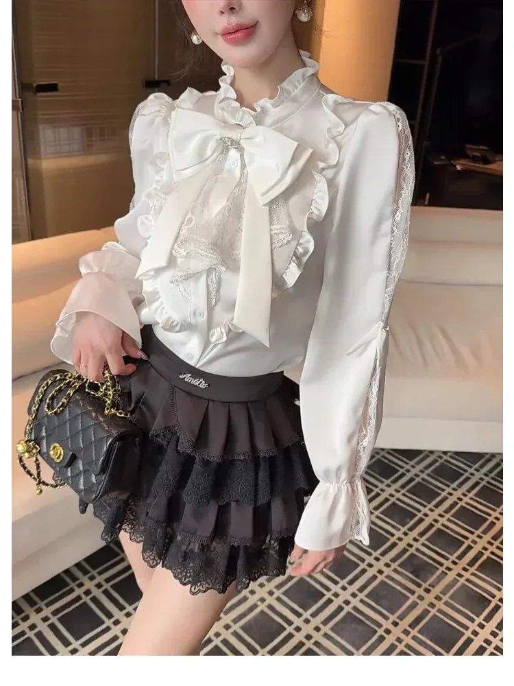 FADFAD Atasan kemeja gaya retro lengan panjang kelas atasn untuk wanita