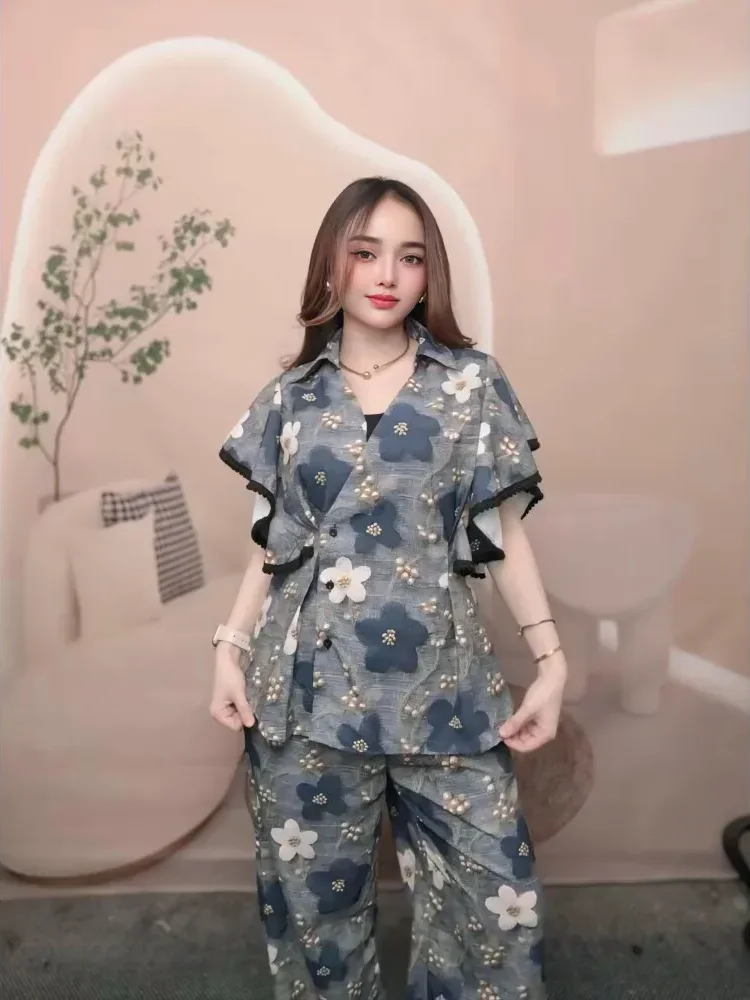 [NEW]FADFAD Set kemeja dan celana panjang wanita modis dengan potongan slim-fit dan motif cetak