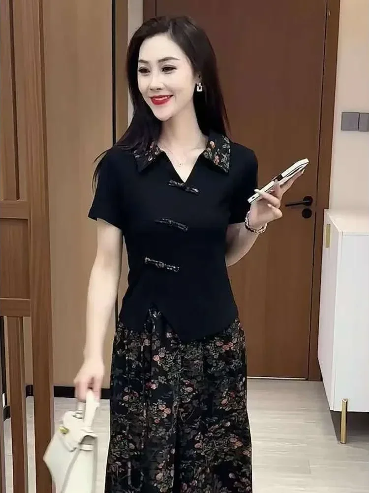 FADFAD Setelan wanita dua potong gaya cina atasan lengan pendek dan celana panjang longgar motif cetak