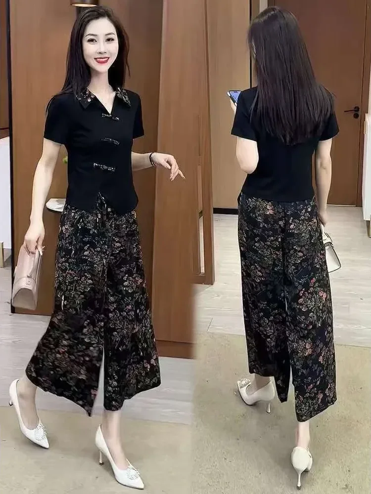 FADFAD Setelan wanita dua potong gaya cina atasan lengan pendek dan celana panjang longgar motif cetak