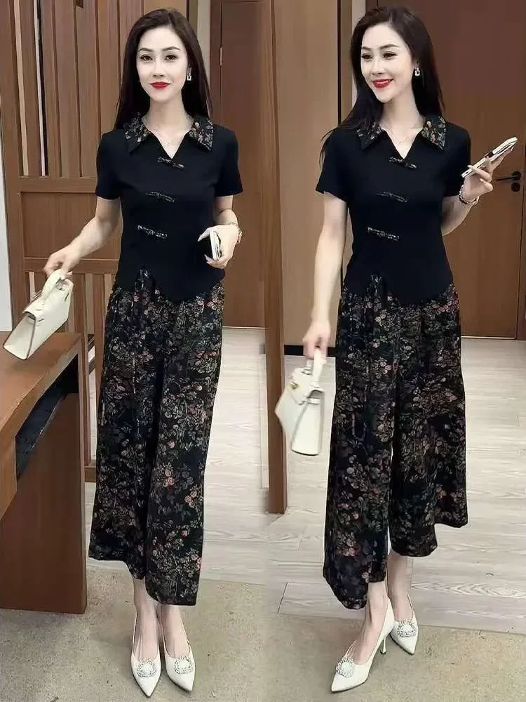 FADFAD Setelan wanita dua potong gaya cina atasan lengan pendek dan celana panjang longgar motif cetak