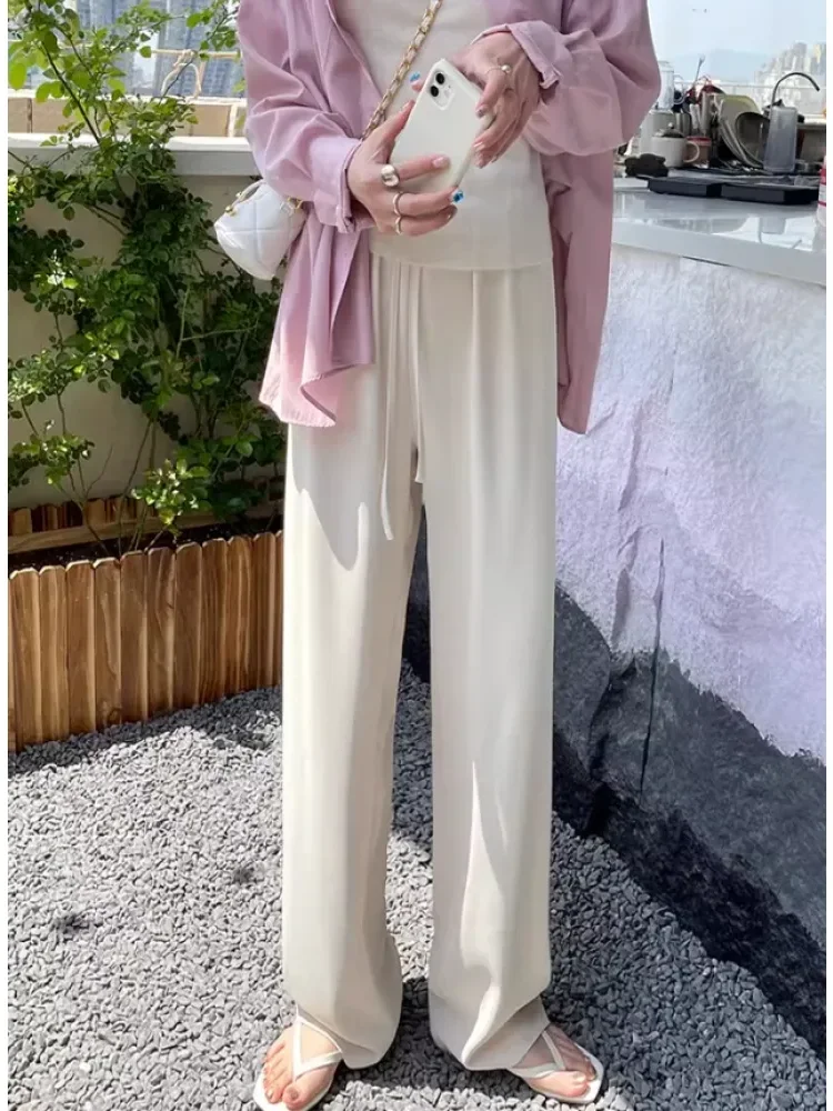 [READY STOCK]FADFAD Celana kaki lebar wanita musim semi musim panas tipis pinggang tinggi vertikal santai kurus