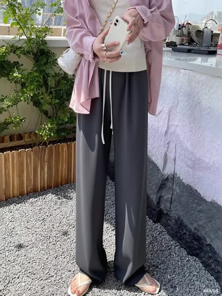 [READY STOCK]FADFAD Celana kaki lebar wanita musim semi musim panas tipis pinggang tinggi vertikal santai kurus